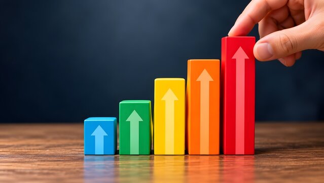 Hand placing the highest red block on a colorful ascending wooden bar chart featuring upward arrows to conceptualize continuous financial growth and business success