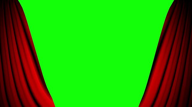 Red stage curtains opening reveal pink heart shaped balloons against a vibrant green screen background with theatrical curtains parting screen backdrop chroma