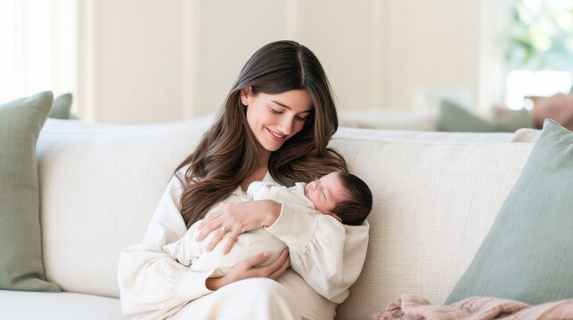 Tender lifestyle portrait of a loving mother gently holding and cuddling her newborn baby in her arms while sitting comfortably on a cozy white sofa in a bright warm home interior.