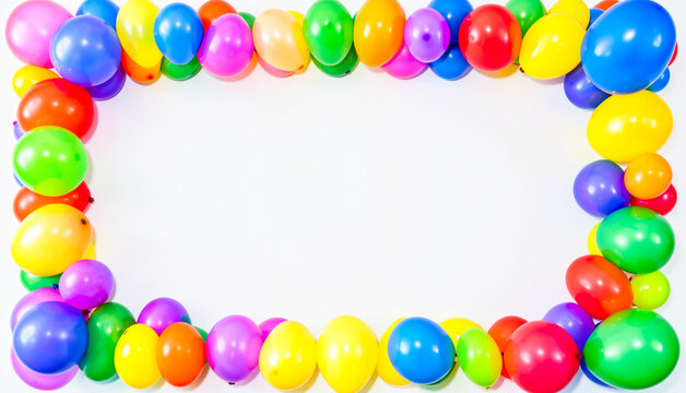 Colorful balloons form a vibrant border around a white background.