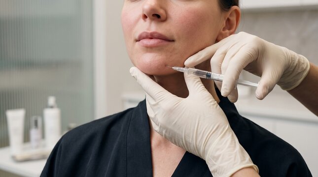 Dermatology professional examining woman's face with equipment, symbolizing skin treatment, aesthetic procedures and healthcare service