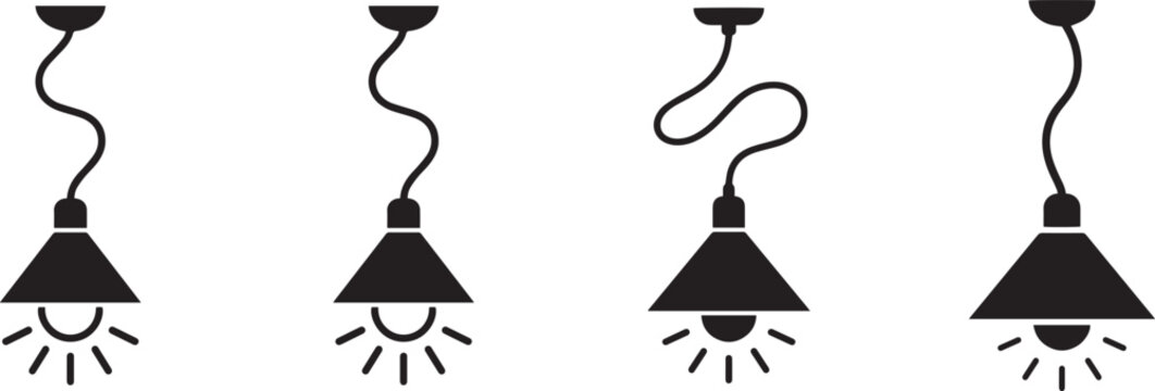 Black Pendant Ceiling Light Silhouette Set, Hanging Lamp Icons with Glowing Light Rays, Minimalist Lighting Vector