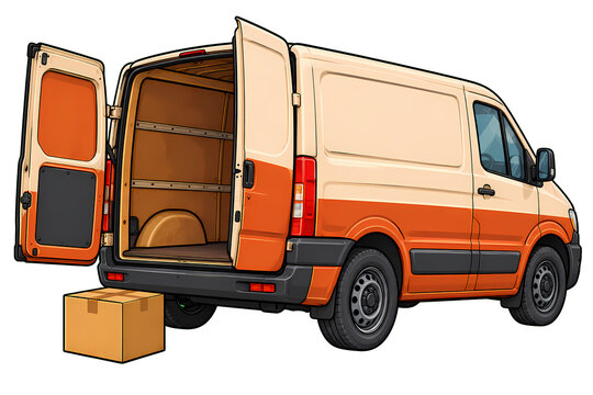 Delivery van with open rear doors and cardboard box isolated on