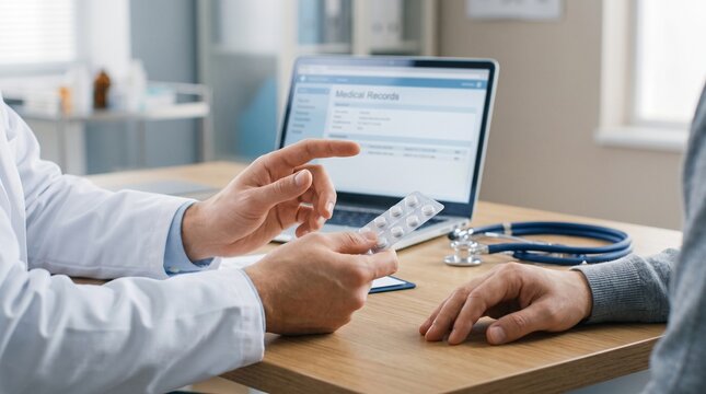 Doctor explaining medical treatment with patient using laptop and health documents, symbolizing healthcare, consultation and trust.