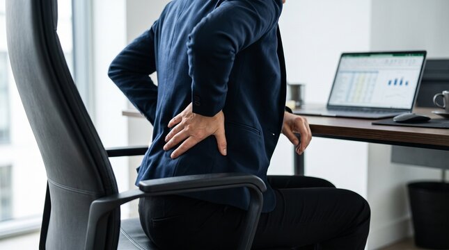 Office health concept featuring businessman with back discomfort, symbolizing ergonomics, workplace safety, and wellness support.