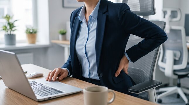 Office worker holding lower back due to discomfort, representing back pain, workplace injury, health problems, and ergonomics awareness.