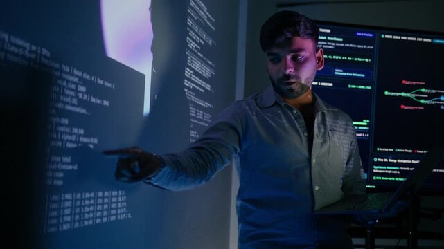 Indian Professional Software Developer, Ai Programmer, Specialist Presenting Ai Data, Machine Learning, Ai Agent Project to Team and Colleagues in Tech Office. artificial intelligence concept.