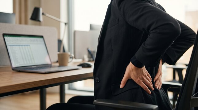 Corporate worker standing with back pain in workplace, representing occupational health, stress management, and employee care.