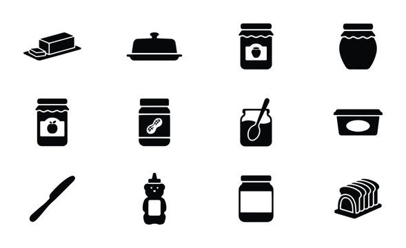 Breakfast spread icons set with jam, peanut butter, honey and butter for food and cafe signage
