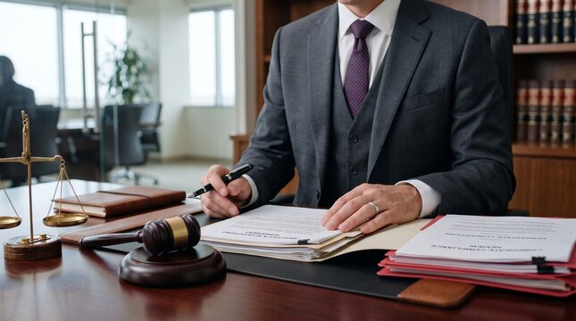 Professional lawyer with gavel, scales of justice, and legal document representing law, justice, court, and legal consultation.