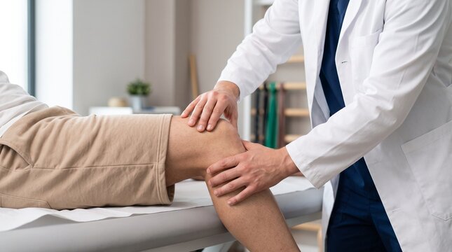 Doctor examining patient knee during physical therapy session, representing rehabilitation, healthcare, recovery, and medical treatment