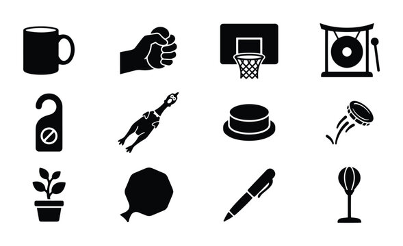 Icons with mug, hand squeezing stress ball, basketball hoop, gong, do not disturb sign set, rubber chicken, button, jumping coin, potted plant