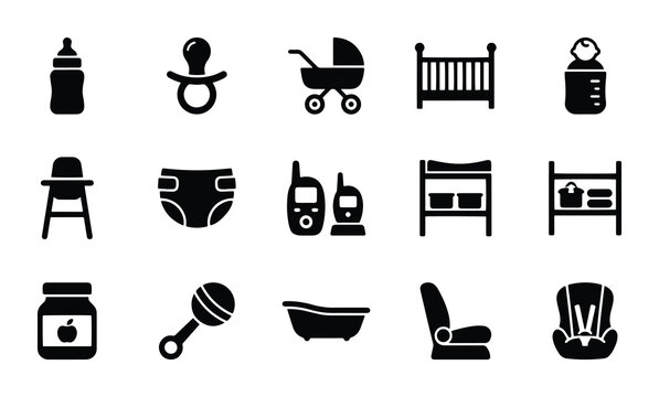 Baby care icons set with bottle, pacifier, stroller, crib, diaper, baby monitor, changing table, bath, car seat and food jar for infant supplies