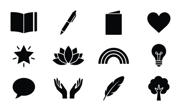 Set of icons with book, pen, heart, lotus and tree for design