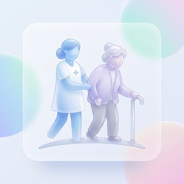 Professional caregiver helping an elderly woman walk using a metal cane
