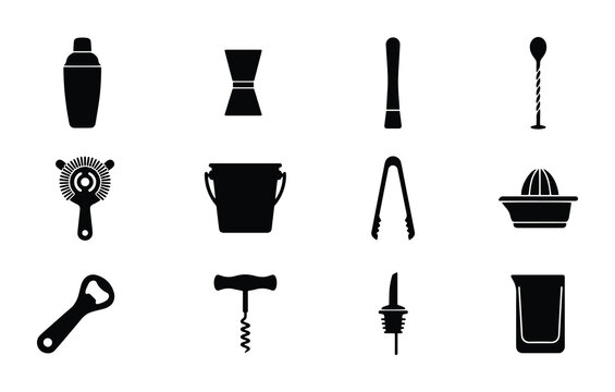 Bar tools set with shaker, jigger, strainer, ice bucket, tongs, corkscrew, bottle opener, pourer and juicer for cocktails