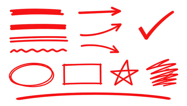 Line marker highlight, arrow, check mark red set. Line red marker hand drawn pen brush stroke underline check. Star oval sticker sign note scribble emphasis icon element.