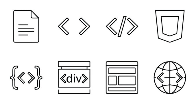 Coding and web development icons set with document, brackets, shield and globe