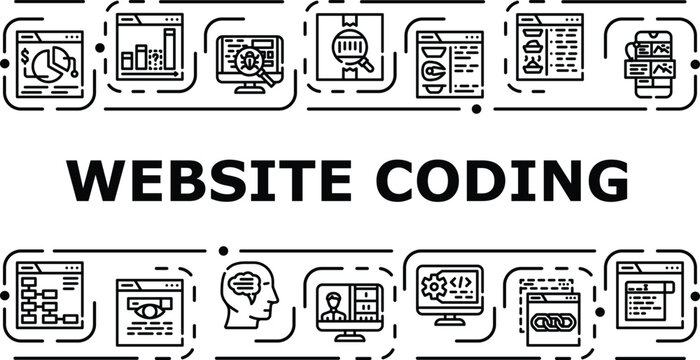 Website coding banner infographic. Frontend browser, layout development, responsive javascript icon vector illustration