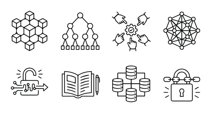 Technology icons set with network, security, data and teamwork concepts, line art