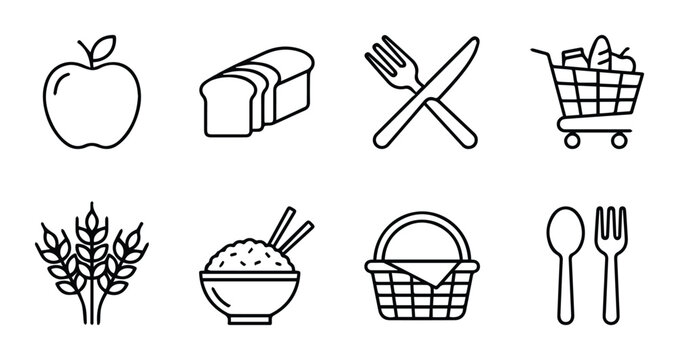 Food icons set with apple, bread, cutlery, shopping cart, wheat, rice, basket and spoon for grocery and restaurant apps