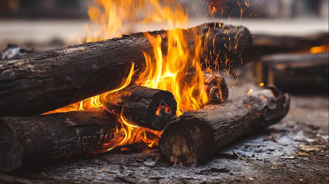 Burning wood fire with glowing embers and ash in an outdoor ceremonial setting, close-up flame detail, traditional ritual, sacred fire, spiritual symbolism, funeral custom