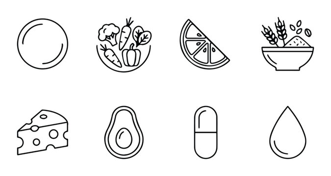 Food and health icons set with fruits, vegetables, grains and cheese for nutrition apps