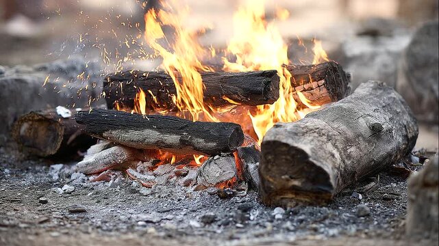 Burning wood fire with glowing embers and ash in an outdoor ceremonial setting, close-up flame detail, traditional ritual, sacred fire, spiritual symbolism, funeral customs