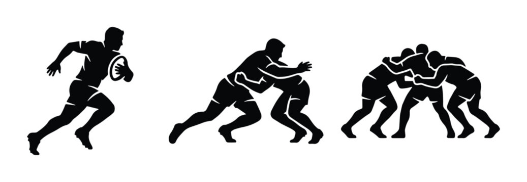 Rugby player silhouettes set with running, tackling and scrum action, sports and fitness