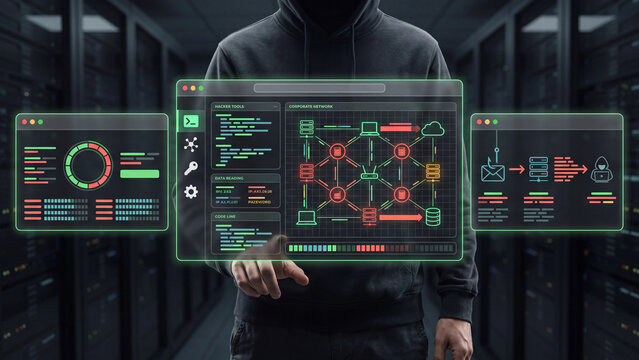 Hacker in hoodie executing cyber attack on holographic interface in server room, showing malicious code, network infiltration, data breach, malware, DDoS packet flooding and system vulnerability.