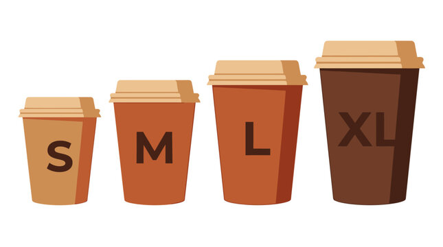 Set of four different sizes of coffee cups labeled small medium large and extra large for takeaway drinks or beverages