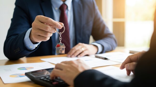 Business professional holding house key chain with calculator on desk for mortgage planning and financial loan deal.