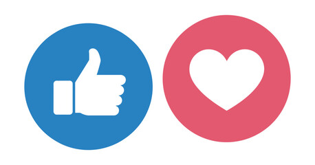 Fototapeta premium Like thumbs up and heart symbols in circular button shapes for social media reactions, post approval, favorites, and notification interface design, EPS10.