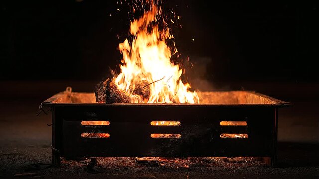 Controlled fire burning inside a metal container at night, bright orange flames against a dark background, industrial fire safety, emergency heating, combustion, heat source, dramatic firelight