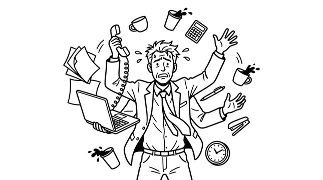 Stressed businessman multitasking with many arms holding office supplies and coffee in a busy work day line art style