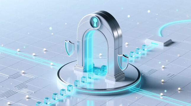 A futuristic digital gateway with glowing data flow and protective shields ensuring strong Data Privacy Legislation compliance and secure network integrity