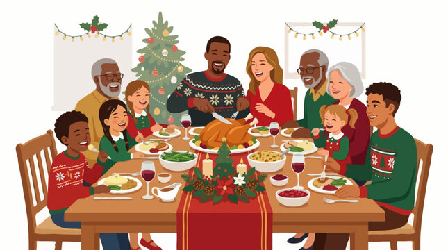 A happy diverse family gathered around a table for a Christmas dinner. A decorated Christmas tree is visible in the background, and festive lights are strung above