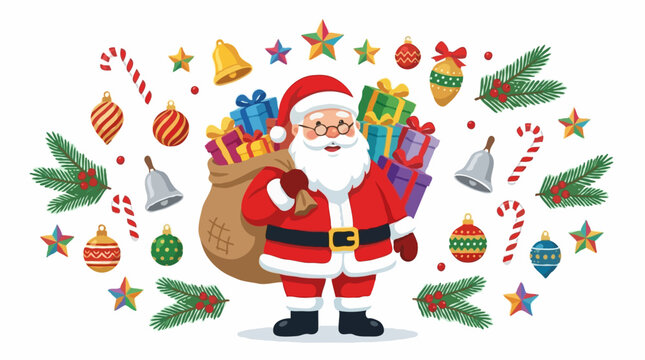 Santa Claus with his sack full of presents, surrounded by festive Christmas ornaments, candy canes, bells, and fir branches