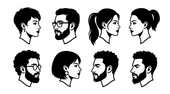 Set of human head profile silhouettes showing diverse men and women faces with different hairstyles and beard styles