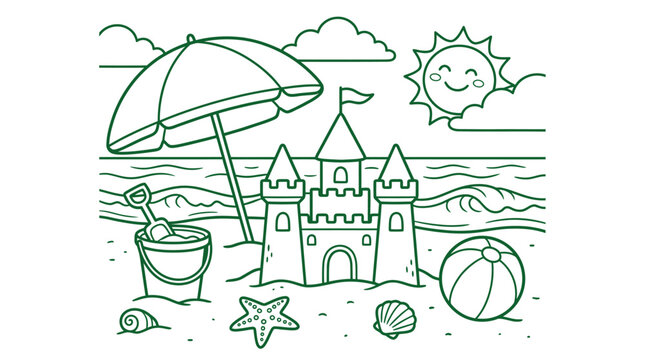Black and white coloring page for kids featuring a sandcastle on the beach with an umbrella and a happy sun in the sky