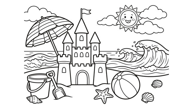 A fun sandcastle on the beach with a bucket shovel umbrella sun and clouds for children to color as a simple drawing