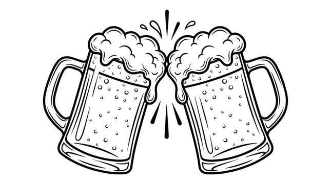 Two beer mugs clinking together with foam and bubbles in a hand drawn sketch style for a festive drink celebration