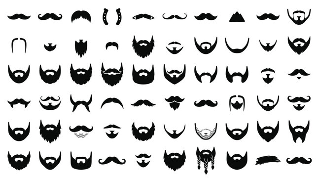 Large collection of different black silhouettes of mens mustaches and beards for barbershop and facial hair design