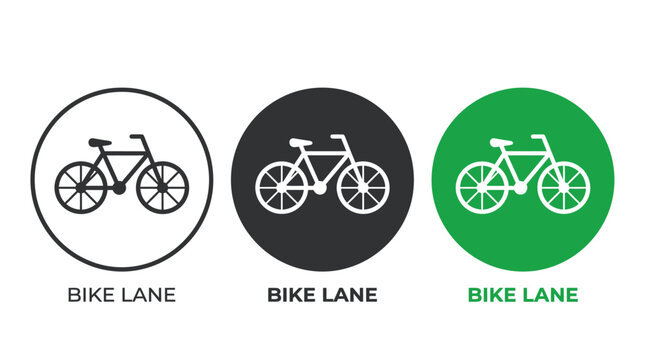 Three round bike lane signs with bicycle symbols in black white and green colors for road traffic and urban transport