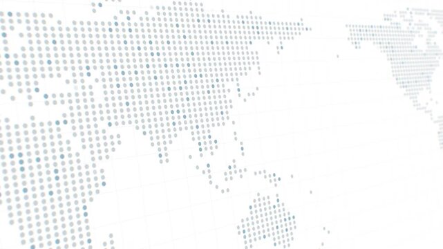 World map halftone dot matrix grid looping background featuring seamless global motion graphics with depth of field blur effect for digital news broadcast corporate technology presentation