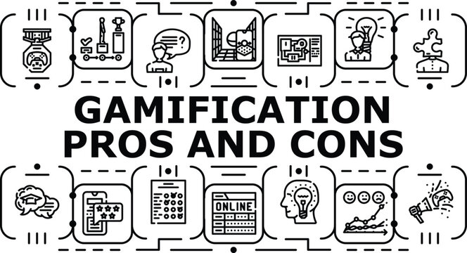 Gamification pros and cons banner infographic. Motivation ranking, learning productivity, rewards incentives icon vector illustration