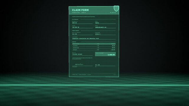 Paper claim form scanned by a green laser into a verified digital document, seamless loop