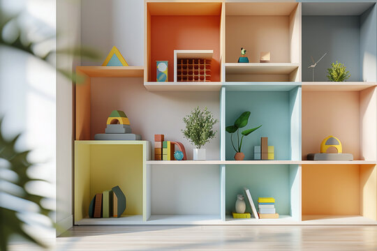 Pastel playroom with geometric bookcase filled with plush toys, books and plants. Nursery interior with floor-to-ceiling geometric shelving unit. Kindergarten playroom decoration background.