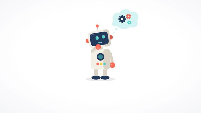 Cute robot thinking with gears in a thought bubble seamless loop