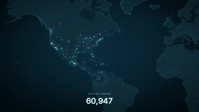 User growth map with an active users counter rising as glowing dots spread across the world while zooming out